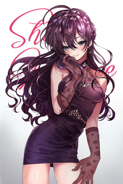 Anime picture 1188x1782 with idolmaster idolmaster cinderella girls idolmaster cinderella girls starlight stage ichinose shiki murasaki pomeranian single long hair tall image looking at viewer blush fringe breasts blue eyes simple background smile hair between eyes standing bare shoulders holding purple hair