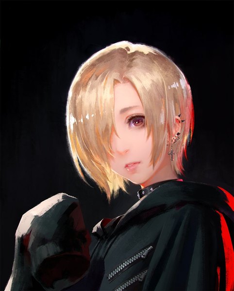 Anime picture 800x995 with idolmaster idolmaster cinderella girls shirasaka koume lie-on single tall image looking at viewer fringe short hair simple background blonde hair brown eyes upper body parted lips head tilt lips hair over one eye realistic lipstick piercing