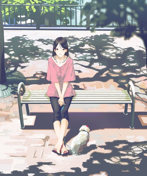 Anime picture 1375x1650 with original ekao long hair tall image black hair smile sitting brown eyes shadow girl plant (plants) animal tree (trees) jewelry necklace sandals railing dog bench leggings