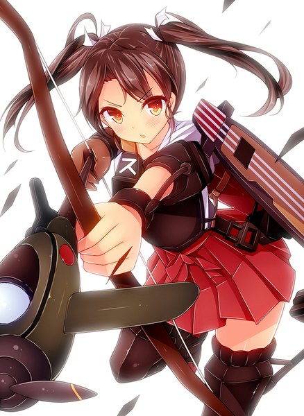 Anime picture 730x1000 with kantai collection zuikaku aircraft carrier azure (capriccio) single long hair tall image blush simple background brown hair white background twintails yellow eyes bent knee (knees) parted lips pleated skirt girl skirt bow weapon hair bow