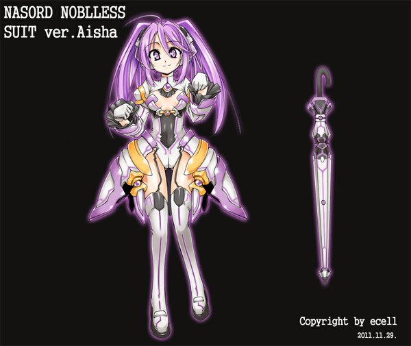 Anime picture 950x800 with elsword aisha landar ecell (artist) single long hair looking at viewer light erotic simple background smile purple eyes purple hair black background girl suit