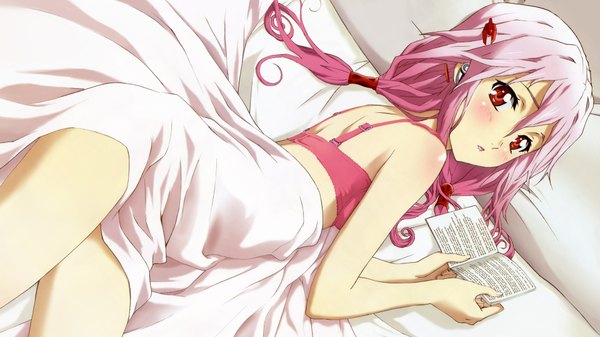 Anime picture 1920x1080 with guilty crown production i.g yuzuriha inori single long hair blush fringe highres red eyes wide image twintails pink hair lying shiny skin girl hair ornament hairclip book (books) bed bikini top