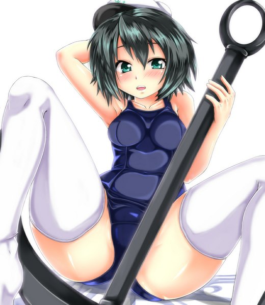 Anime picture 868x1000 with touhou murasa minamitsu ebi 193 single tall image looking at viewer blush short hair open mouth light erotic black hair simple background smile white background green eyes shadow girl thighhighs swimsuit white thighhighs