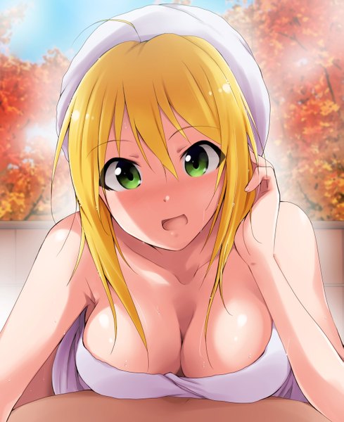 Anime picture 1141x1400 with idolmaster hoshii miki kaiga single long hair tall image looking at viewer blush breasts open mouth light erotic blonde hair large breasts green eyes naked towel girl towel onsen