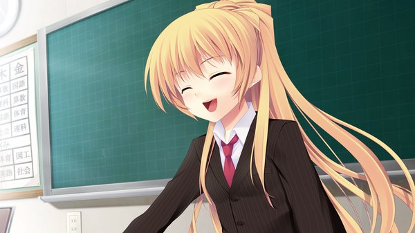 Anime picture 1280x720 with chuning lover natsu konatsu koso single long hair open mouth blonde hair wide image game cg ponytail eyes closed girl