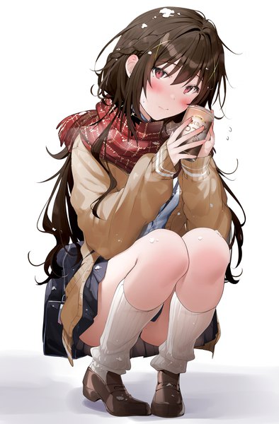 Anime picture 2580x3924 with original xretakex single long hair tall image blush fringe highres light erotic simple background hair between eyes red eyes brown hair white background holding payot full body bent knee (knees) braid (braids) long sleeves