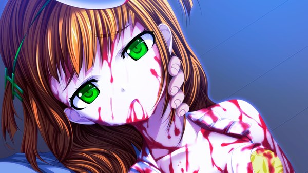 Anime picture 1280x720 with chusingura46+1 tagme (character) nui (artist) looking at viewer short hair open mouth brown hair wide image green eyes game cg cleavage night open clothes girl hair ornament blood
