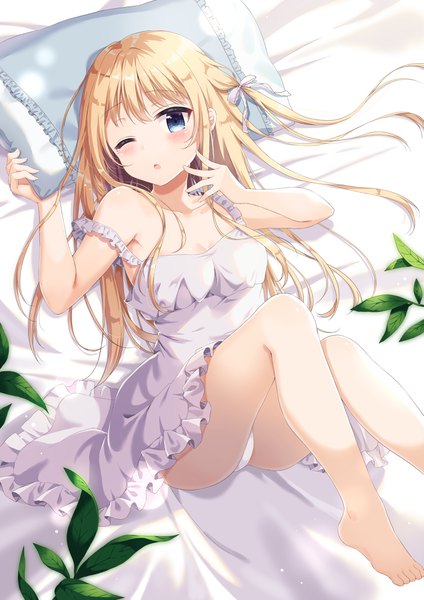 Anime picture 2894x4093 with original shiono (0303) single long hair tall image looking at viewer blush fringe highres breasts open mouth blue eyes light erotic blonde hair cleavage bent knee (knees) indoors lying one eye closed barefoot