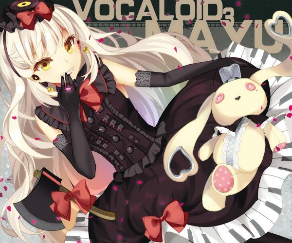 Anime picture 1200x1000 with vocaloid mayu (vocaloid) usano mimi bison cangshu single long hair looking at viewer blonde hair smile yellow eyes girl dress gloves bow hat earrings elbow gloves toy ring stuffed animal
