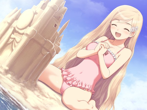 Anime picture 1024x768 with fault!! hayama rika tony taka long hair open mouth light erotic blonde hair game cg eyes closed girl swimsuit sand castle