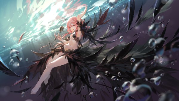 Anime picture 2048x1152 with guilty crown production i.g yuzuriha inori jofang single long hair highres open mouth light erotic red eyes wide image bare shoulders pink hair full body bent knee (knees) :d barefoot sunlight bare legs bare belly