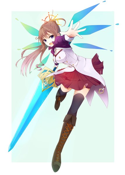 Anime picture 1200x1680 with shinonome ren single long hair tall image looking at viewer open mouth simple background brown hair purple eyes pleated skirt girl thighhighs skirt weapon black thighhighs thigh boots huge weapon huge sword
