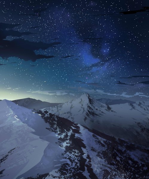 Anime picture 1330x1600 with original 108 tall image sky cloud (clouds) night sky snow mountain no people landscape scenic animal bird (birds) star (stars)