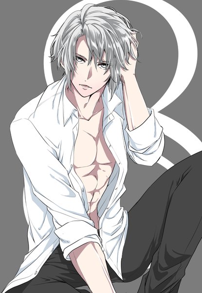 Anime picture 3340x4833 with idolish 7 yaotome gaku ichino (ame0211) single tall image looking at viewer highres short hair sitting absurdres silver hair grey background open shirt hand on head silver eyes boy shirt white shirt