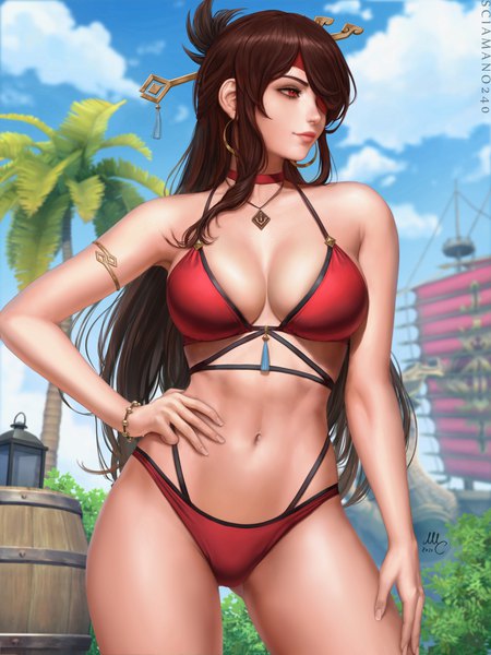 Anime picture 2250x3000 with genshin impact beidou (genshin impact) sciamano240 single long hair tall image fringe highres breasts light erotic red eyes brown hair large breasts standing signed payot looking away sky cleavage cloud (clouds)
