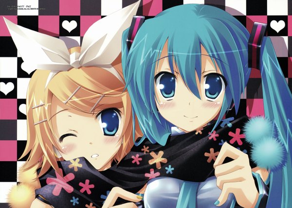 Anime picture 5614x4003 with vocaloid hatsune miku kagamine rin long hair highres short hair blonde hair smile twintails multiple girls absurdres nail polish one eye closed aqua eyes wink aqua hair shared scarf girl hair ornament 2 girls