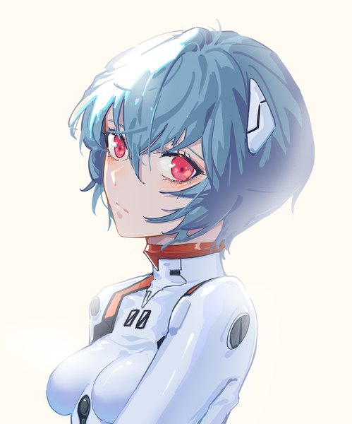 Anime picture 3112x3745 with neon genesis evangelion gainax ayanami rei piao miao single tall image looking at viewer fringe highres short hair simple background hair between eyes red eyes blue hair absurdres upper body portrait girl pilot suit