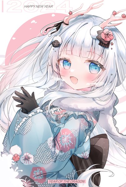 Anime picture 1378x2039 with original nahoshi (sevenstar744) single long hair tall image looking at viewer blush open mouth blue eyes silver hair upper body traditional clothes :d japanese clothes horn (horns) new year hands clasped happy new year 2024 girl