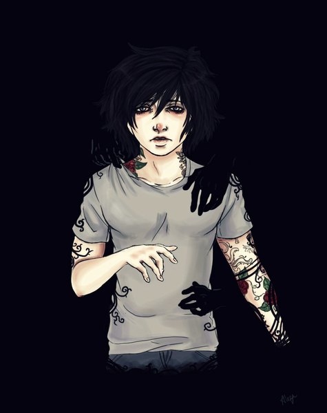 Anime picture 867x1095 with original alex heffer single tall image looking at viewer short hair open mouth black hair simple background signed grey eyes tattoo black background boy t-shirt jeans hands
