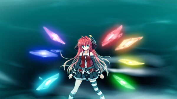 Anime picture 1280x720 with fortissimo//akkord:bsusvier (game) satomura momiji ooba kagerou long hair wide image green eyes game cg red hair girl thighhighs striped thighhighs
