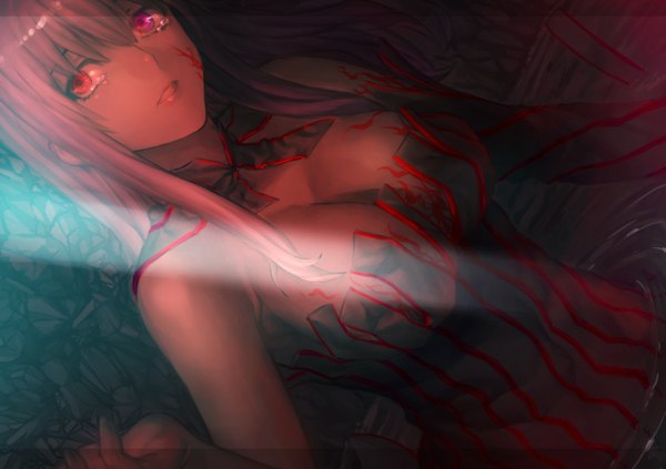 Anime picture 2886x2037 with fate (series) fate/stay night studio deen type-moon matou sakura dark sakura washizu0808 single long hair highres breasts open mouth light erotic red eyes large breasts cleavage purple hair lips tears partially submerged