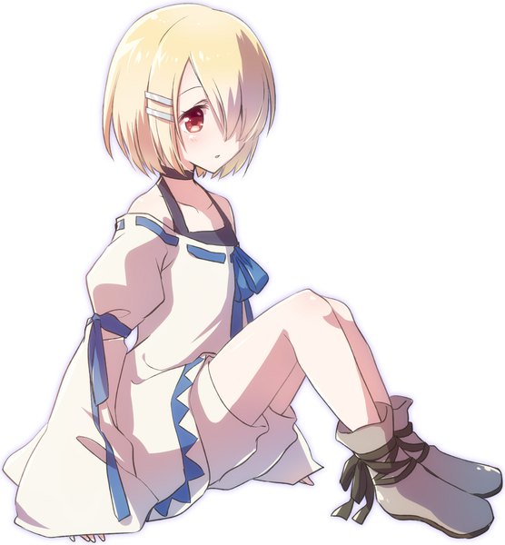 Anime picture 1852x1999 with maou-sama retry! aku (maou-sama retry!) nyaa (nnekoron) single tall image fringe highres short hair simple background blonde hair red eyes white background sitting looking away full body hair over one eye wide sleeves girl dress choker