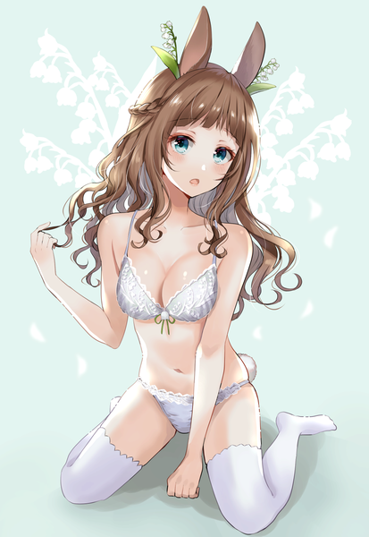 Anime picture 1000x1451 with original myusha single long hair tall image looking at viewer blush fringe breasts open mouth blue eyes light erotic brown hair large breasts sitting animal ears cleavage full body tail blunt bangs