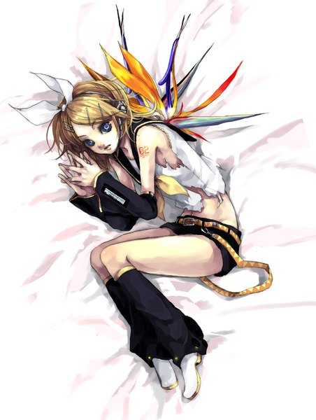 Anime picture 1157x1536 with vocaloid kagamine rin akiakane single tall image short hair blue eyes blonde hair bare shoulders lying tattoo torn clothes girl hair ornament bow hair bow detached sleeves wings shorts headphones