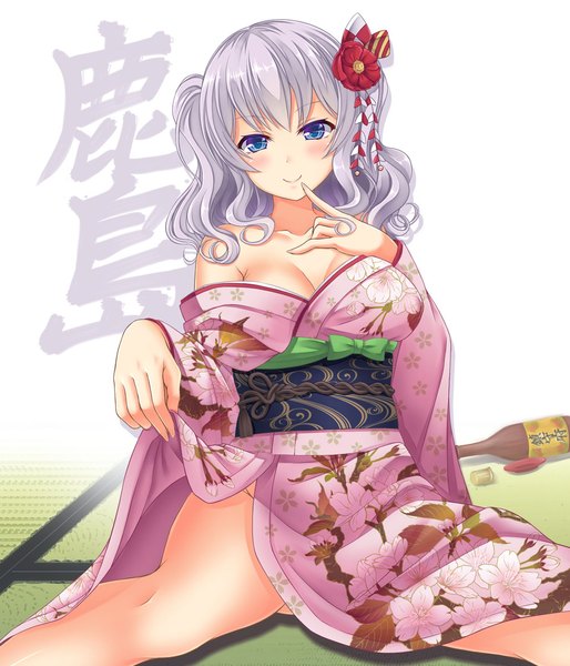 Anime picture 1000x1167 with kantai collection kashima training cruiser nakigoya single long hair tall image looking at viewer blush breasts blue eyes light erotic smile silver hair traditional clothes japanese clothes hair flower girl flower (flowers) kimono obi