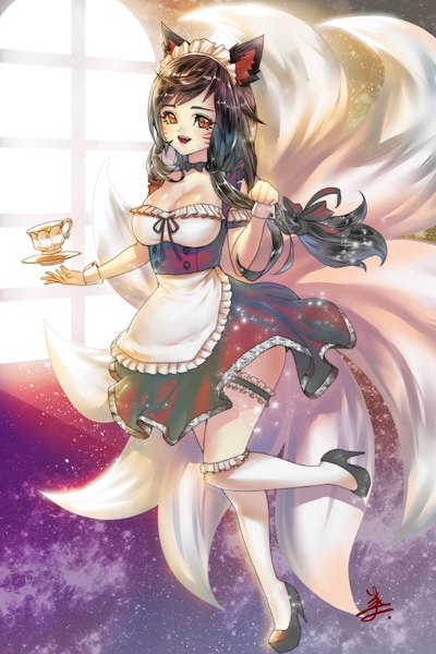 Anime picture 600x900 with league of legends ahri (league of legends) suerte single long hair tall image looking at viewer fringe breasts light erotic black hair animal ears tail animal tail maid orange eyes high heels fox ears facial mark fox tail