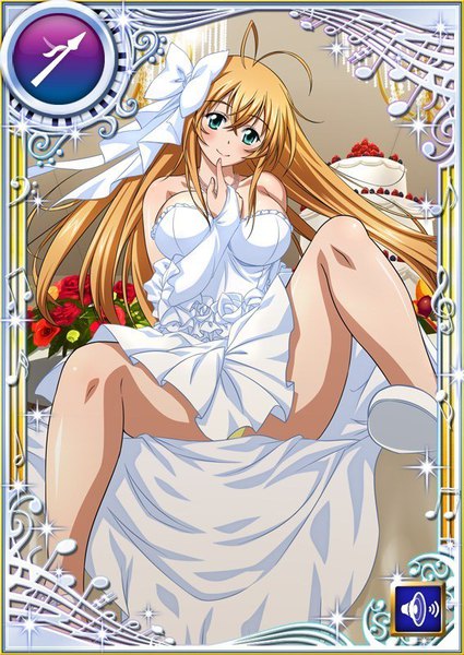 Anime picture 567x800 with ikkitousen sonsaku hakufu single long hair tall image looking at viewer blush breasts light erotic blonde hair smile large breasts sitting payot ahoge head tilt aqua eyes sleeveless finger to mouth leg lift (legs lift)