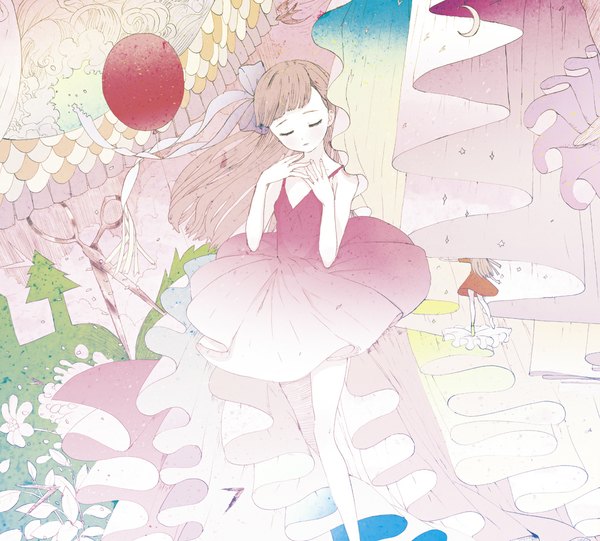 Anime picture 1093x987 with original felt (lidsan) single long hair fringe pink hair eyes closed pale skin girl dress flower (flowers) plant (plants) tree (trees) moon ball paper scissors