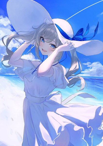 Anime picture 2897x4096 with genshin impact barbara (genshin impact) esukeipu single long hair tall image highres open mouth blue eyes light erotic blonde hair sky cloud (clouds) outdoors :d wind beach adjusting hat girl dress
