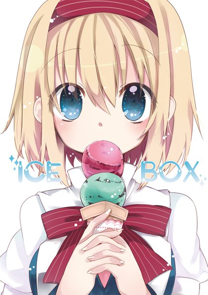 Anime picture 703x1000 with touhou alice margatroid oinari (tensaizoku) single tall image looking at viewer fringe short hair blue eyes blonde hair hair between eyes white background holding upper body fingernails symbol-shaped pupils covered mouth girl food hairband