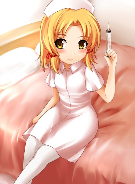 Anime picture 1400x1900 with touhou moriya suwako yoshimo single tall image blush short hair blonde hair yellow eyes nurse girl nurse cap syringe