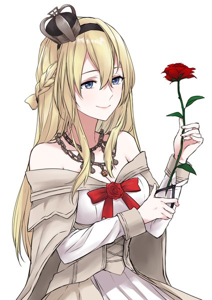 Anime picture 1447x2047 with kantai collection warspite (kantai collection) morinaga (harumori) single long hair tall image fringe blue eyes simple background blonde hair smile hair between eyes white background bare shoulders holding looking away girl flower (flowers) rose (roses) necklace