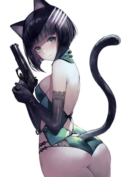 Anime picture 941x1328 with original terai (teraimorimori) single tall image looking at viewer blush fringe short hair breasts light erotic black hair simple background white background holding green eyes animal ears ass tail blunt bangs animal tail