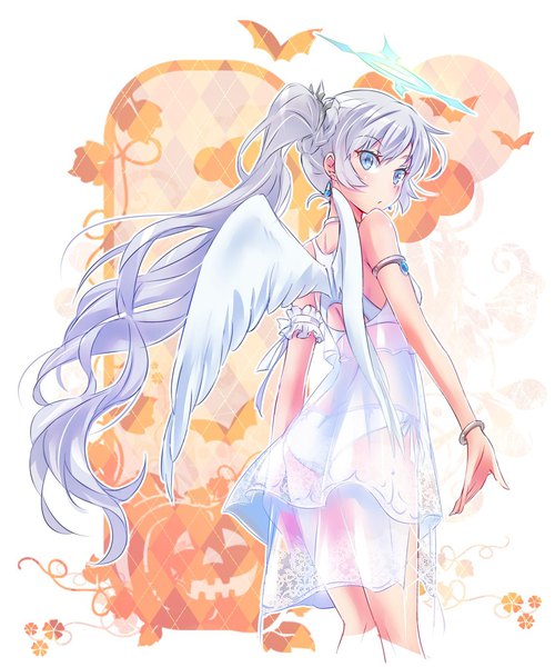 Anime picture 1149x1380 with rwby rooster teeth weiss schnee iesupa single long hair tall image looking at viewer blue eyes light erotic silver hair from behind side ponytail scar halloween angel wings angel outline bad anatomy girl