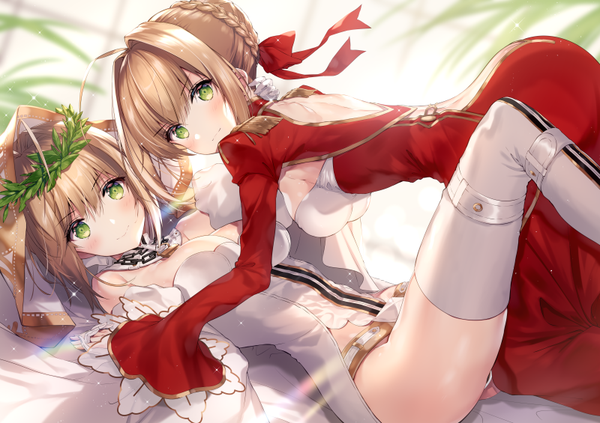 Anime picture 800x565 with fate (series) fate/extra fate/extra ccc nero claudius (fate) (all) nero claudius (fate) nero claudius (bride) (fate) necomi (gussan) looking at viewer blush short hair breasts light erotic blonde hair smile large breasts bare shoulders multiple girls green eyes payot cleavage