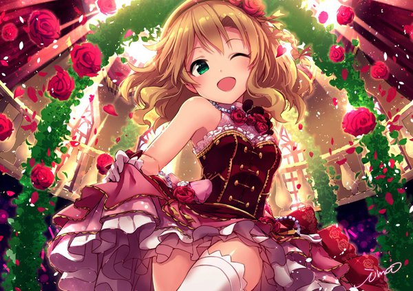 Anime picture 910x643 with idolmaster idolmaster cinderella girls idolmaster cinderella girls starlight stage sakurai momoka ima (lm ew) single long hair looking at viewer blush open mouth blonde hair bare shoulders green eyes signed one eye closed wink from below ;d rose fleur girl