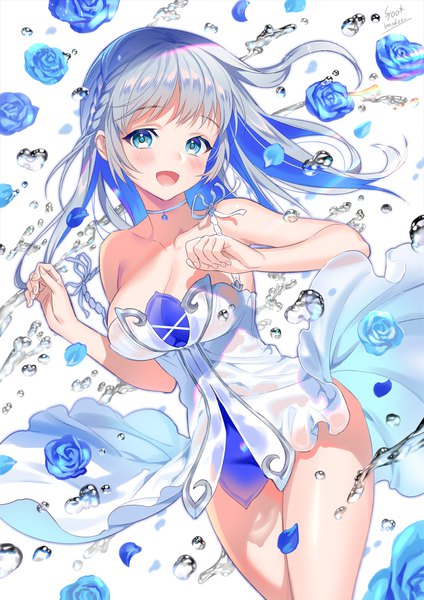 Anime picture 1000x1414 with original midori foo single long hair tall image looking at viewer blush fringe breasts open mouth blue eyes light erotic simple background smile large breasts white background signed payot cleavage silver hair