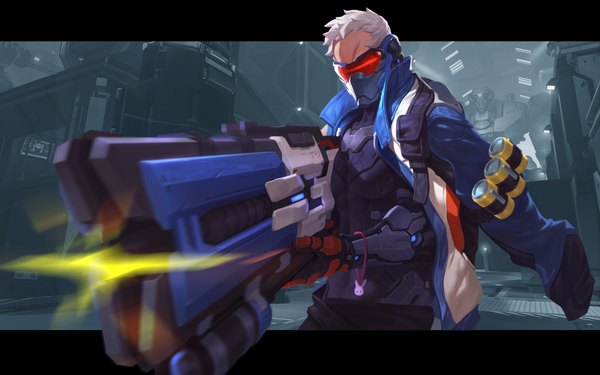 Anime picture 8000x5000 with overwatch blizzard entertainment soldier: 76 (overwatch) grandialee single highres short hair absurdres white hair realistic letterboxed scar clothes on shoulders boy weapon jacket gun mask goggles mecha