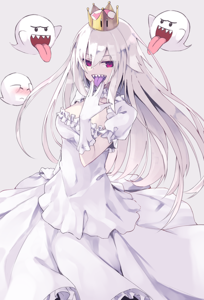 Anime picture 970x1424 with super mario bros. new super mario bros. u deluxe princess king boo boo (mario) nagishiro mito single long hair tall image looking at viewer fringe breasts open mouth simple background hair between eyes standing purple eyes payot white hair grey background teeth