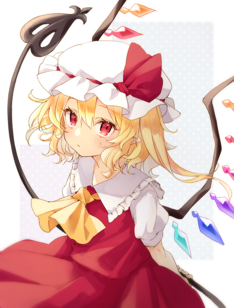 Anime-Bild 696x916 mit touhou flandre scarlet honotai single tall image looking at viewer fringe short hair blonde hair hair between eyes red eyes pointy ears one side up girl weapon hat wings bonnet crystal ascot