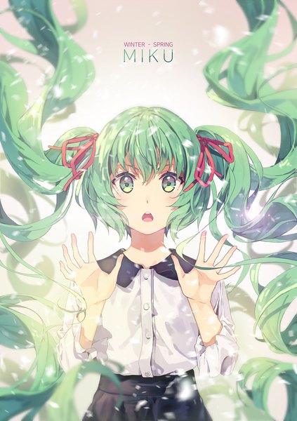 Anime picture 1200x1701 with vocaloid hatsune miku yohan12 single tall image looking at viewer fringe open mouth simple background hair between eyes twintails green eyes very long hair green hair character names text floating hair english girl skirt