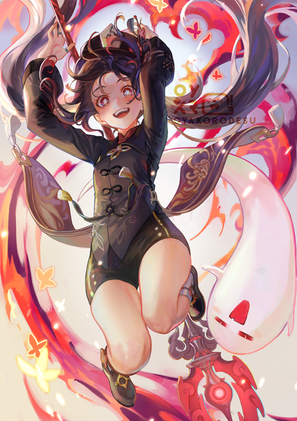 Anime picture 1414x2000 with genshin impact hu tao (genshin impact) boo tao (genshin impact) oyakorodesu single long hair tall image looking at viewer open mouth black hair red eyes twintails signed full body :d from below symbol-shaped pupils jumping ghost girl