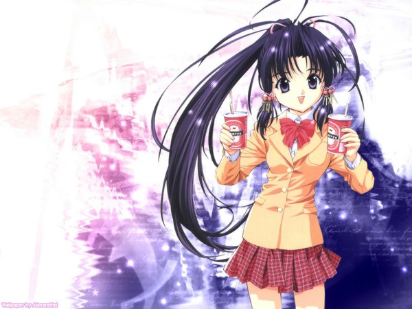 Anime picture 1024x768 with sister princess zexcs haruka (sister princess) tenhiro naoto single long hair looking at viewer open mouth black hair purple eyes holding ponytail :d grey eyes wallpaper plaid skirt third-party edit girl skirt uniform