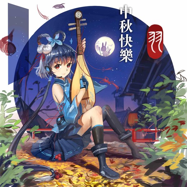 Anime picture 1000x1000 with vocaloid vocaloid china luo tianyi november (jeanex) single long hair highres black hair smile red eyes twintails chinese clothes girl thighhighs skirt hair ornament black thighhighs plant (plants) detached sleeves boots