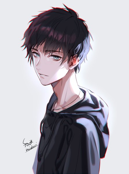 Anime picture 745x1000 with original midori foo single tall image looking at viewer fringe short hair black hair simple background hair between eyes signed upper body grey background grey eyes portrait boy hood necklace hoodie