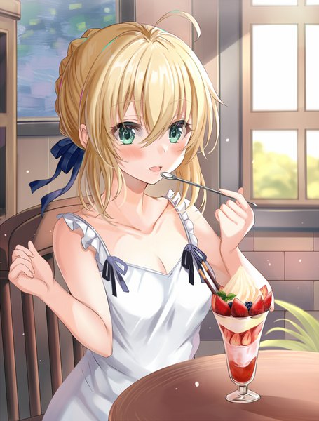 Anime picture 700x922 with fate (series) fate/grand order fate/stay night artoria pendragon (all) saber harimoji single tall image looking at viewer blush fringe short hair breasts open mouth blonde hair hair between eyes sitting bare shoulders holding green eyes